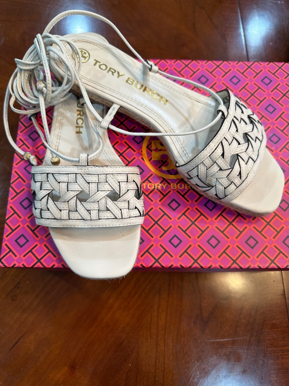 Tory Burch Women's Cream Basketweave Espadrilles Leather Lace-Up Sandals